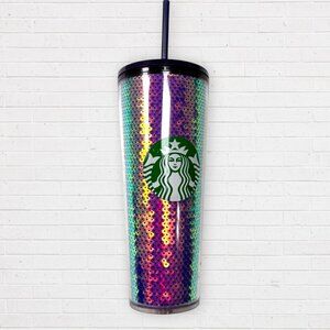 STARBUCKS Holiday 2020 Dark Purple Sequin 24oz Tumbler Drink Cold Cup Lid Straw